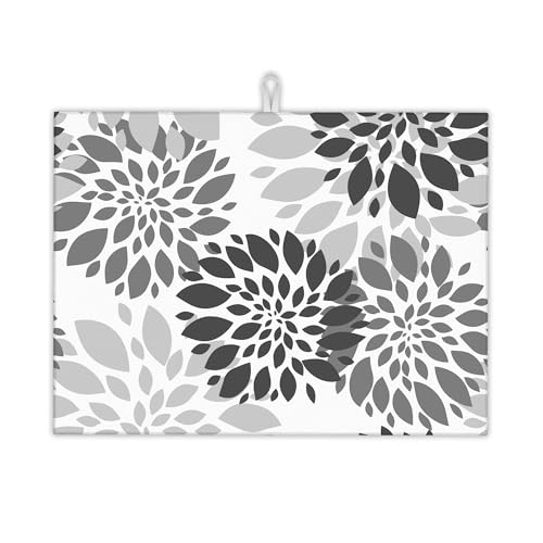 Black White Dahlia Dish Drying Mat for Kitchen Counter Decor,Geometric Dish Drying Rack Pad Absorbent Reversible Microfiber for Coffee Tableware Sink Countertop 18x24 Inch - color: Black White Dahlia Geometric