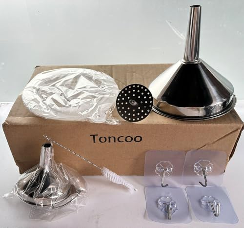 Toncoo 4 Pack Stainless Steel Funnels for Kitchen Use, Food Grade Cooking Funnel with 2 Strainer, Kitchen Funnel Set Metal Funnels for Filling Bottles