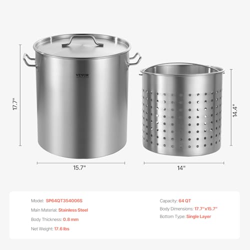 VEVOR Stainless Steel Stockpot, 64 Quart Large Cooking Pots, Cookware Sauce Pot with Basket, Lid, and Handle, Heavy Duty Commercial Grade Stock Pot, Sanding Treatment, for Large Groups Events Silver - size: 63.9 Quarts