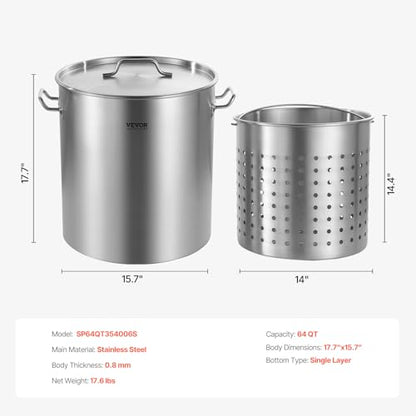 VEVOR Stainless Steel Stockpot, 64 Quart Large Cooking Pots, Cookware Sauce Pot with Basket, Lid, and Handle, Heavy Duty Commercial Grade Stock Pot, Sanding Treatment, for Large Groups Events Silver - size: 63.9 Quarts