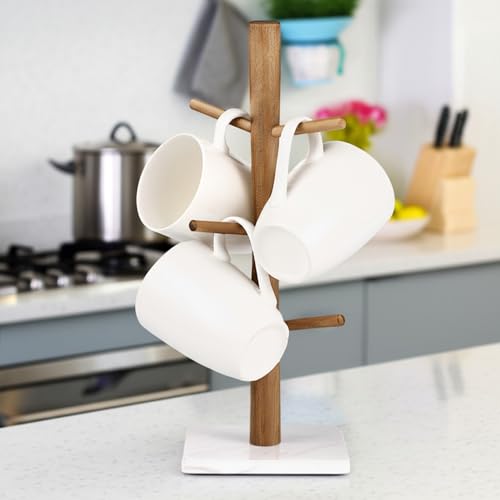 Buruis Wood Mug Holder, Marble Base Cup Rack Tree, Cup Stand Hanger, Kitchen Coffee Mug Tree Countertop Tea Cups Holder Stand, Coffee Mugs Dryer with 6 Hooks, White - color: Square base White