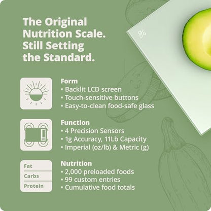 Greater Goods Digital Nutrition Scale – Accurate Macro and Calorie Tracking for Meal Prep, Weight Loss, and Healthy Eating | 2,000 Built-in Foods, Intuitive Nutrition Label Display, 11lb Cap, Green - color: Sage Green