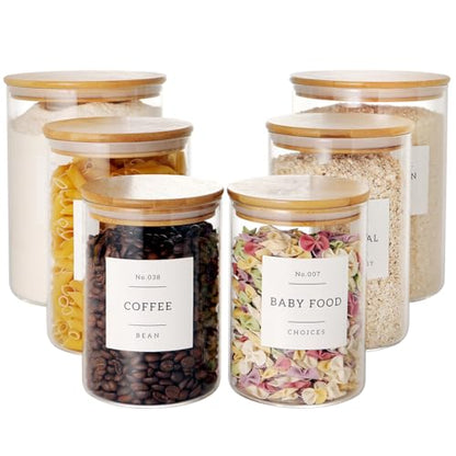 CZZGSM Set of 6 Glass Flour and Sugar jars with 132 Kitchen Pantry Labels - Thicken Large Glass Storage containers with Airtight Bamboo Lid - Rice Canisters for Salt Coffee - 100OZ/54OZ/27OZ - color: 6pack