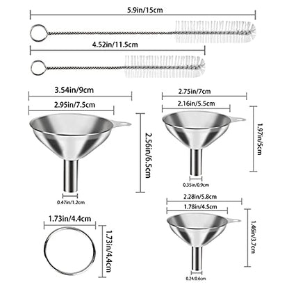 6 Pcs Stainless Steel Mini Funnels for Kitchen use. Large Tiny Small Funnel Set of 3, Metal Cooking Powder Food Grade Flask Funnels for Filling Bottles Liquor Water Spice, 2Pcs Cleaning Brushes VOPTON