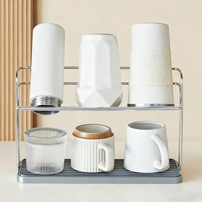 Bottle Drying Rack,Coffee Mug Holder with Drain Tray for Coffee Cup,Water Cup(Silver) - color: Silver