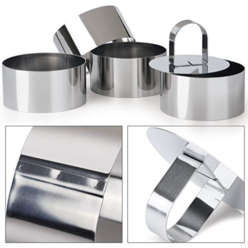 HULISEN Round Cake Ring Mold, Stainless Steel 3” Cooking Crumpet Rings with 1 Pusher & 4 Food Form, Tuna Tartare Mold for Pancake, Salad, Mousse - size: 4 Round/ Set-3 Inch with Pusher