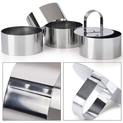 HULISEN Round Cake Ring Mold, Stainless Steel 3” Cooking Crumpet Rings with 1 Pusher & 4 Food Form, Tuna Tartare Mold for Pancake, Salad, Mousse - size: 4 Round/ Set-3 Inch with Pusher