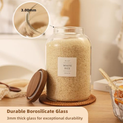 2 Pack Large Glass Flour and Sugar Storage Containers with Airtight Acacia Wood Lids and 132 Kitchen Pantey Labels Preprint - 1 Gallon Borosilicate Glass Canister Sets for Food,Pasta,Cookie,Rice - size: 1 Gallon-2 Pack