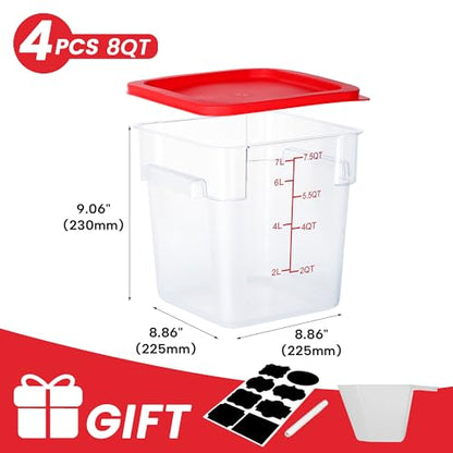 BIEAMA 4 Pack Food Storage Containers, 8 Quart with Lids, Square Commercial Containers with Scale, NSF, Polycarbonate, Clear - color: 8Qt-4 Pack(Red Lids)