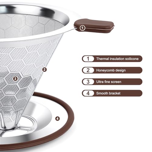 Pour over Coffee Dripper, Stainless Steel Paperless Reusable Coffee Filter, Metal 600 Mesh Strainer Coffee Maker (1-2 Cups) - size: 1-2 Cups
