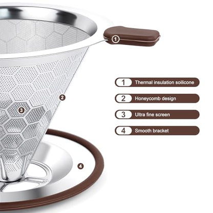 Pour over Coffee Dripper, Stainless Steel Paperless Reusable Coffee Filter, Metal 600 Mesh Strainer Coffee Maker (1-2 Cups) - size: 1-2 Cups