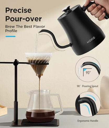 KOIOS Gooseneck Electric Kettle with ±1℉ Temperature Control & Mute Mode, 0.8L Pour Over Kettle for Coffee & Tea, 1200W Quick Heating Stainless Steel Water Boiler with 4Hrs Keep Warm, Matt Black