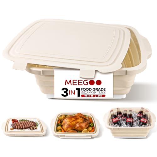 BBQ Prep Tub 3-IN-1 Large 16L Collapsible Cutting Board with Locking Lid for Meal Prep Marinating Food, Camping Sink with Colander, Dish Basin, Storage Blanket for Camping Picnic BBQ, White - color: White 16L