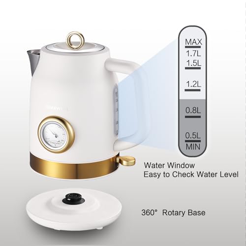 Retro Electric Kettle, 1.7L 304 Stainless Steel Tea Kettle with Temperature Gauge, 1500W Fast Boiling Water Boiler,Auto Shut-Off & Boil-Dry Protection, BPA-Free, Matte White and Gold - color: White and Gold