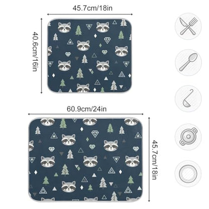 Winter Raccoon Tree Blue Dish Drying Mat for Kitchen Counter Super Absorbent Draining Mat with Non-slip Backed Dish Drying Pad for Countertops Sinks Draining Racks Dish Bottles Cups Bowl