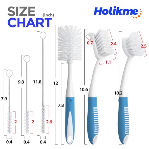 Holikme 6 Pack Dish Brush Set with Bottle Brush, Dish Scrub Brush, Pan Brush and 3 Straw Brushes, Deep Cleaning Handle Brush with Scraper Tip for Kitchen Sink Dishes Bottle Cup Pot and Pans (Azul) - color: Azul
