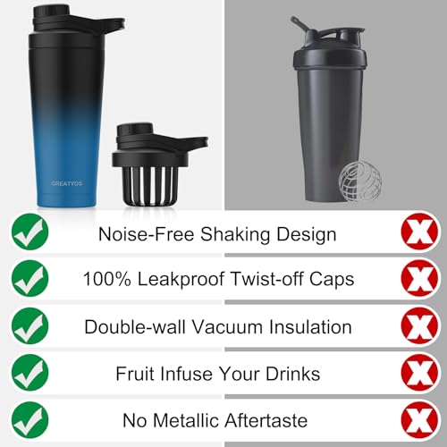 Stainless Steel Shaker Bottle with Noise-Free Design - Patented 24 oz Insulated Metal Shakers Bottles Cup for Protein Mixes and Pre Workout 100% Leak Proof (Dark Navy) - color: Dark Navy