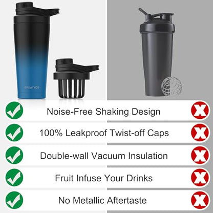 Stainless Steel Shaker Bottle with Noise-Free Design - Patented 24 oz Insulated Metal Shakers Bottles Cup for Protein Mixes and Pre Workout 100% Leak Proof (Dark Navy) - color: Dark Navy
