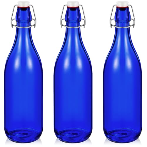 Teenyyou 3 Pcs Cobalt Blue Glass Bottle 1 L / 33.75 oz Decorative Bottles Cobalt Blue Swing Top Glass Bottles with Airtight Lid for Centerpieces Garden Decor, Bottle Tree - color: Cobalt Blue, size: 33.75oz