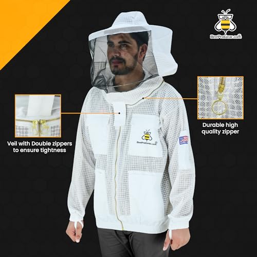 3-Layer Ventilated Mesh Bee Jacket for Men & Women with Veils Sting-Proof Beekeeping Jacket with Leather Gloves & Bag - color: White Round Veil, size: Large