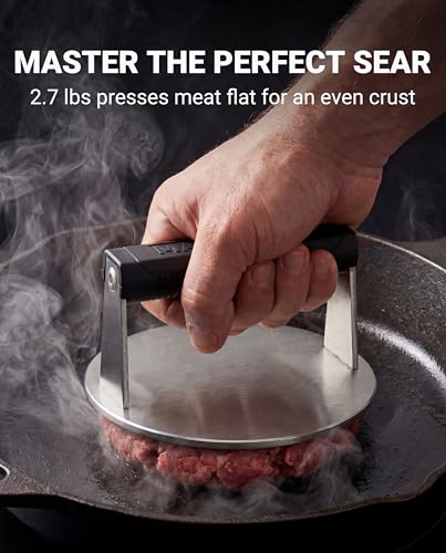 Stainless Steel Burger Smasher 2.70 LB – 7 Inch Steak Weight for Smash Burgers, Bacon, Sandwiches | Dishwasher Safe, Preheatable Protein Press with Silicone Handle | Commercial BBQ Tool - size: Φ7"