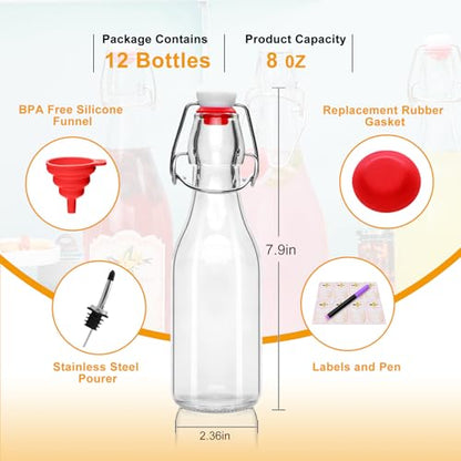 8oz Swing Top Glass Bottles - 12 Pack Flip Top Glass Bottle with Airtight Lid for Home Brewing, Fermentation, Beer, Vanilla Extract, Limoncelle, Kombucha, Kefir, Soda, Bonus Gaskets and Pourers - size: 8oz-12pack