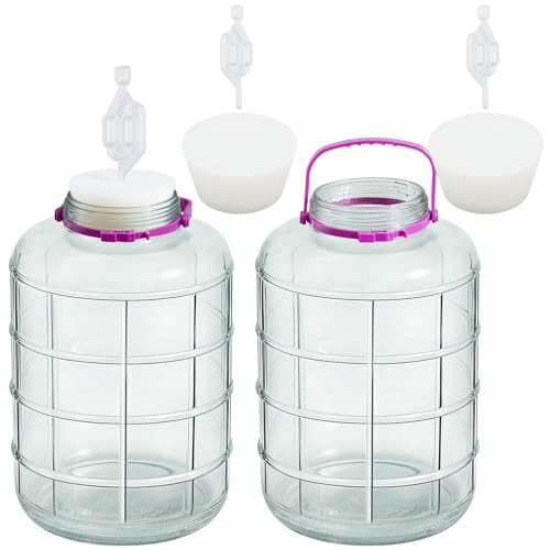 Ziliny 2 Pieces 4 Gallon Glass Carboy Wide Mouth, with Drilled Silicone Stoppers and Airlock, Fermenting Carboy for Beer Wine Brewing Equipment, Home Fermentation Container - size: 4 Gallon
