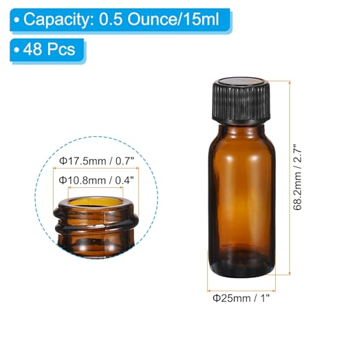 PATIKIL 0.5oz(15ml) Glass Sample Bottles, 48Pcs Round Bottle Dispensing Bottles with Black Poly Cone Cap for Reagent Liquids, Essential Oils, Perfume, Amber - color: Amber,Black, size: 0.5 fl oz