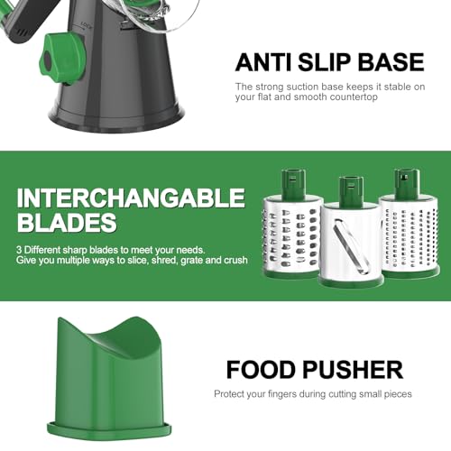 Cambom Rotary Cheese Grater Hand Crank Cheese Shredder for Fresh Cheese, Vegetable, Nuts,Non-slip Suction Base, Three Blades, Gray Green - color: Gray Green, size: 3 BLADES