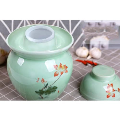 GVILTY Large Ceramic Pickle Jar with Lids, Green Traditional Chinese Porcelain Pickle Jar,Ceramic Fermentation Crock with Water Seal Airlock Lid,Sauerkraut Crock 7kg - size: 7kg