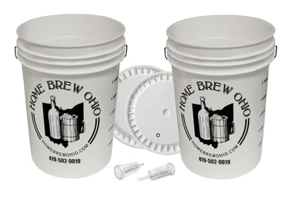 Home Brew Ohio 6.5 Gallon Fermenting Bucket with Grommeted Lid and Three-Piece Airlock - Set of 2