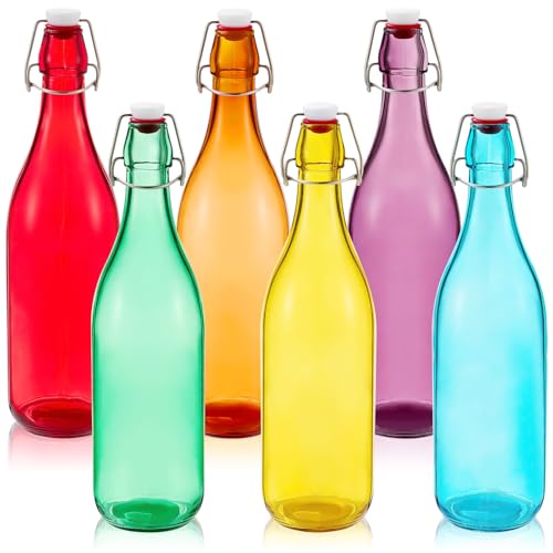 Teenyyou 6 Pcs Assorted Color Glass Bottles 500 ml/ 16.9 oz Decorative Wine Bottles Flip Top Glass Water Bottle with Airtight Lid for Home Decor Garden Tree Yard Outdoor Decorations - color: Assorted Color, size: 16.9 oz