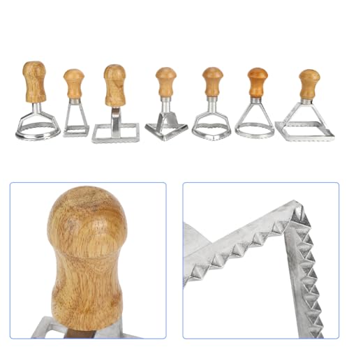 Tiiyee Ravioli Stamp Set, Pasta Cutter Press Dumplings Maker Mold Dough Dumpling Crimper Cookies Making Tool Wooden Handle Fluted Edge Kitchen Attachment Round Square Heart Shape for Lasagna Pierogi
