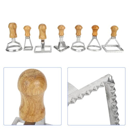 Tiiyee Ravioli Stamp Set, Pasta Cutter Press Dumplings Maker Mold Dough Dumpling Crimper Cookies Making Tool Wooden Handle Fluted Edge Kitchen Attachment Round Square Heart Shape for Lasagna Pierogi