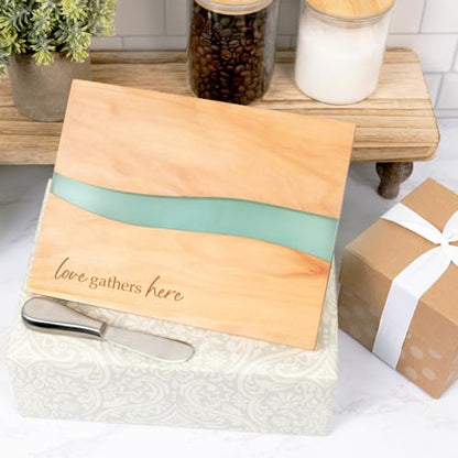 Pavilion Gift Company - Love Gathers Here - 9" x 7" Serving Cheese Bread Wooden & Resin Board With Brushed Silver Spreader Knife Set Housewarming Hostess Host Charcuterie Gift Present