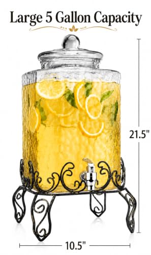 5 GALLON Drink dispenser, Glass Beverage Dispenser With Elegant Stand, Large Water Drink Dispensers for Parties With 100% Leak Proof Spigot, Ideal for Lemonade,Juice, Tea, and Party Drinks - color: Clear-5 Gallon&Stand