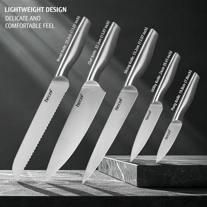 hecef 6-Piece High Carbon Stainless Steel Knife Set with Tablet & Recipe Holder, Hands-Free Adjustable Stand, Ergonomic Hollow Handles, Gift-Ready Block, Silver - style: 6 PCS