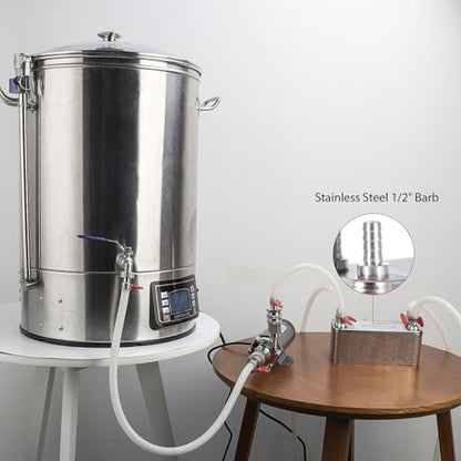 Wort Chiller 30 Plates, 1/2 Barb Fitting Connection, Brazed Plate Copper Heat Exchanger for Homebrew, Stainless Steel 7.5" x 2.9" Plate, Hot Liquid Accelerated Cooler Quick Beer Cooling System