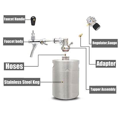 Portable Draft Keg System Stainless Steel Keg Mini Keg Draft System Stainless Steel Portable Mini Keg Dispenser Pressure Regulator Craft Beer Draft Home Brew,2L