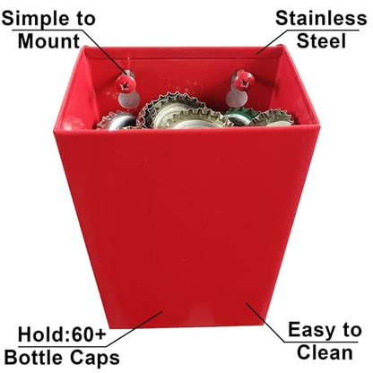 Red Beer Bottle Cap Catcher Wall Mounted Narrow Stainless Steel Soda Cola Top Collector Remover 3-1/2" Mountable with Screws - color: Red