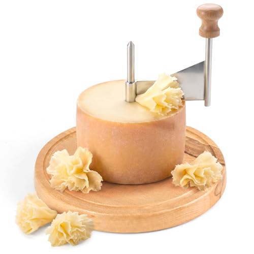 Cheese Curler Wheel, Stainless Steel Curly Cheese Shaver Flower Maker Slicer with Cutter Blade Wooden Base for Restaurants Cafes Dessert Kitchen Use Tools Utensils Gadgets Accessories