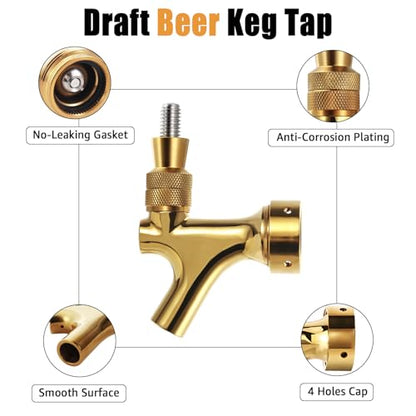 Golden Beer Faucet Keg Tap Faucet, All 304 Stainless Steel Draft Beer Tap Kegerator Tap with 4 Holes Cap, Beer Dispenser Kegerator Parts for American Beer Shank and Beer Tap Tower