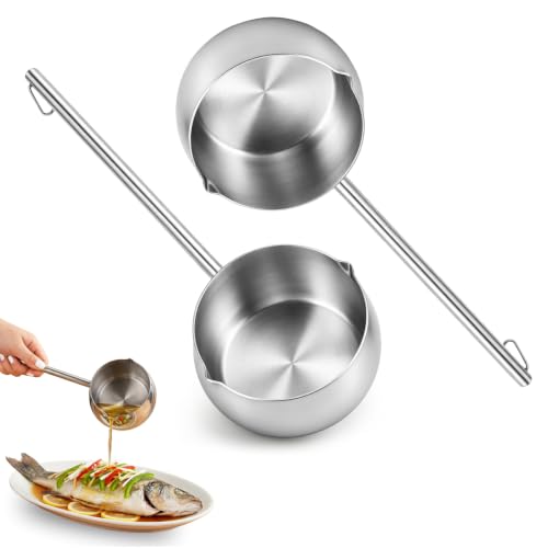SOUJOY 2Pcs Stainless Steel Oil Ladle with Dual Pour Spout, 9oz Sauce Scoop | SUS304 Small Milk Pot, Heat-Resistant Long Handle Soup Gravy Spoon, Butter Warmer for Kitchen Cooking Serving