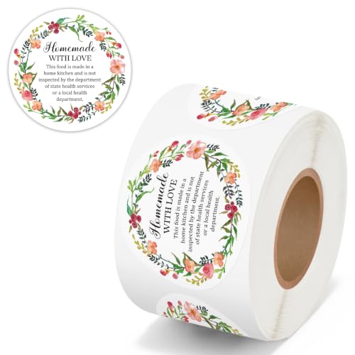 PANTIDE 500 Count Watercolor Flower Cottage Food Law Labels Sticker | Homemade with Love, Adhesive Round Decal Roll, Made in A Home Kitchen Inspection Statement, for Food Packaging, 2 x 2 Inch - color: Food Law Flower
