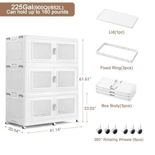 BROVIEW 900Qt Large Stackable Storage Bin Only One Lid, 225Gal Stackable Storage Bins Open Front with Wheels, Plastic Storage Cart Organizer and Storage for Home Kitchen, 3Packs, White