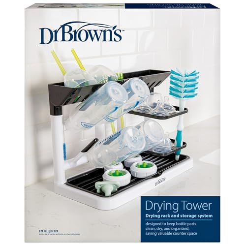Dr. Brown's Drying Tower, Stand-Up Drying Rack, Countertop Baby Bottle Drying with Organized Storage for Baby Essentials, Space Saving Vertical Rack, Black/White - style: Stand-Up Drying Rack
