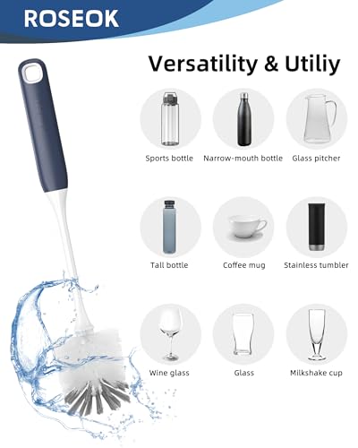 ROSEOK Bottle Brush, Water Bottle Brush, Flexible Bottle Brush, Cup Cleaner | For Cleaning Glass, Sports Bottle, Coffee Mug, Cup Cleaner, Navy Blue, 2 Pack - color: Navy Blue