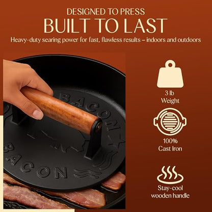 Heavy-Duty Cast Iron Burger Press 7 Inch Round Burger Smasher, Grill Press for Cooking Burgers, Bacon, Sandwiches, Steak, Ground Beef, Meats, Sausages - size: 7" Bacon Press