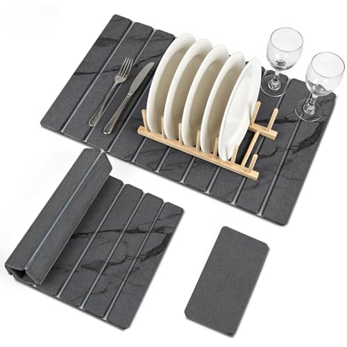 Modern Grey Stone Dish Drying Mat – Elegant Diatomaceous Earth Kitchen Counter Pad, Fast Dry Ultra Absorbent, Foldable Design for Dishes, Cups & More (24"×16" / 8"×4")