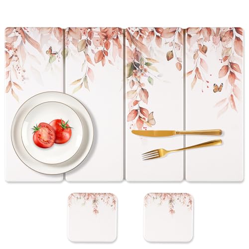 Large Stone Dish Drying Mat for Kitchen Counter, 24"×16" Quick Dry Dishes Mats, Foldable Diatomaceous Earth Drying Organizer Pad Water Absorbing for Plate Bottles Utensils - color: Orange Leaves
